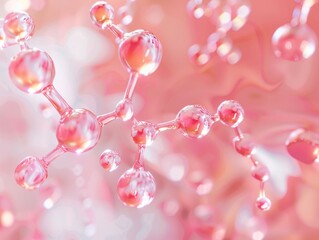 Close-up of molecular structure with glossy droplets on pink background.