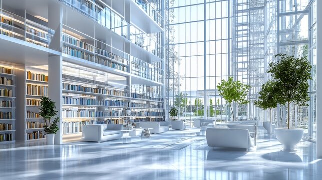 A modern library interior with large windows, bookshelves, and seating areas surrounded by plants.