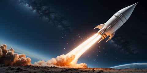 Obraz premium Rocket launches from the moon with powerful thrusters and billowing clouds