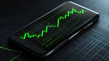 Here's a caption and keyword list suitable for stock photo submission.. Smartphone displaying upward trending stock market graph.