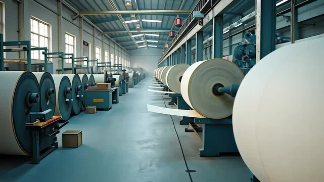 Interior of a Paper Mill Showing Rows of Large Paper Rolls and Machinery