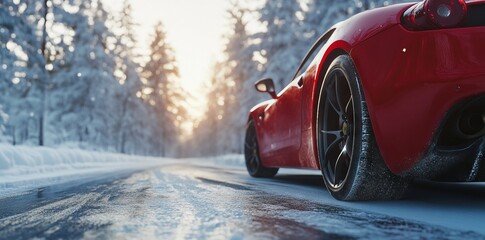 Red Sports Car on Snowy Forest Road. AI generated illustration