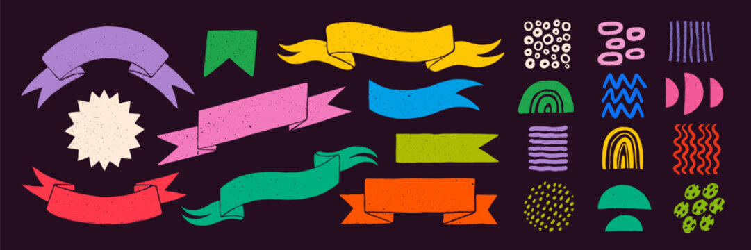 Retro ribbon banners and shapes in rough rustic style. Hand drawn vintage textured badges, patterns and other design elements. Hand-drawn infographic Vector collection