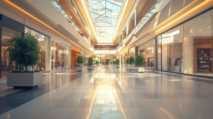 Fototapeta premium A spacious shopping mall with modern architecture and bright lighting, featuring retail spaces and greenery.
