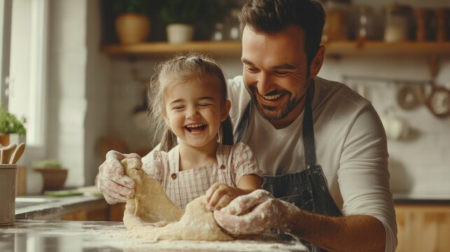 Dad and daughter create pizza together in the kitchen. A heartwarming moment of family bonding during cooking time.