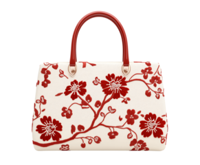 Chinese fashion red handbag, traditional embroidered with golden floral pattern, cutout png