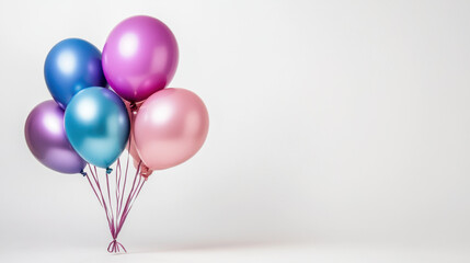 A cluster of metallic balloons in pink, purple, and blue against a minimalistic white background, evoking a festive and cheerful ambiance.