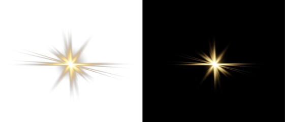 Png gold star light, sparkle. Yellow light effect. Shining light with yellow gold color. Png spotlight spark.Vector transparent sunlight special lens flare light effect.