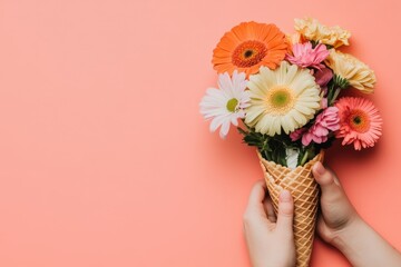 A creative bouquet of colorful flowers arranged in a waffle cone held by hands against a peach background, AI
