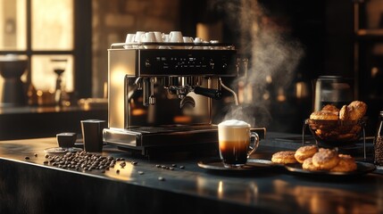 A steaming cup of cappuccino sits on a counter next to an espresso machine, coffee beans, and pastries in a cafe.