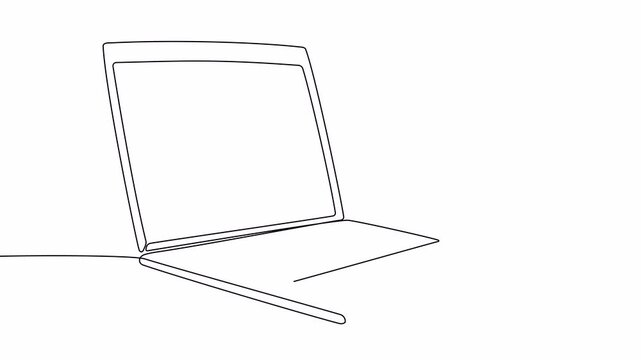 Video. One continuous line drawing of computer laptop, and a cup of coffee. Animation on white background 4K.