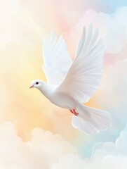 Fototapeta premium Graceful White Dove Gliding Through Soft Pastel Colored Skies