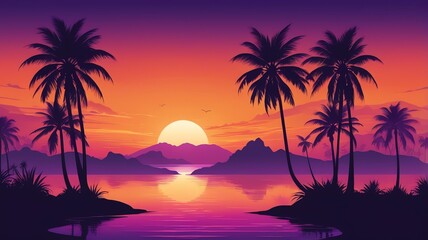 Fototapeta premium A stylized sunset over water with palm trees silhouetted against the gradient sky