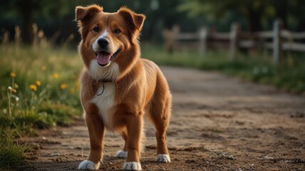 Naklejka premium Happy red dog standing on dirt path.