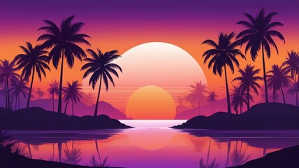 Naklejka premium A stylized sunset over water with palm trees silhouetted against the gradient sky
