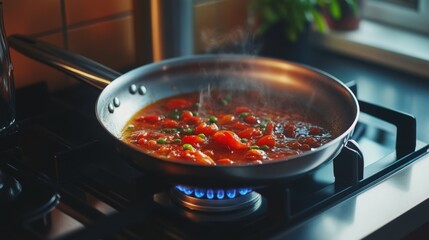 Frying Pan with Simmering Sauce. Created with Generative AI