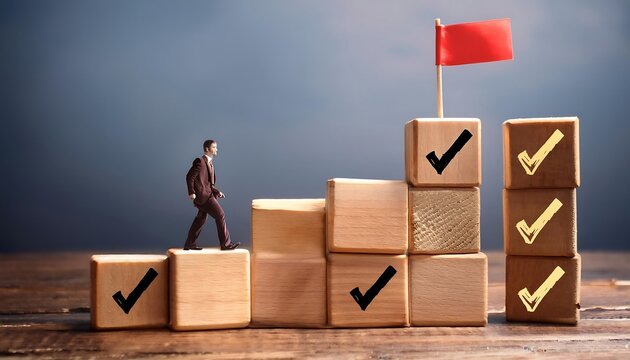 A figure walks across wooden blocks; checkmarks and a flag mark progress.