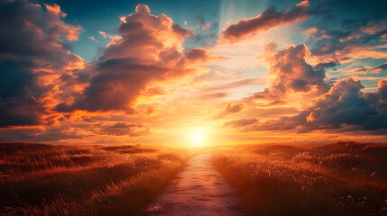 Obraz premium A vibrant sunset paints the sky above a serene countryside path, casting golden hues amidst the clouds, reflecting tranquility and the beauty of nature.