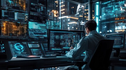 Fototapeta premium Night Shift: Futuristic Control Room Operator Monitoring Cityscape