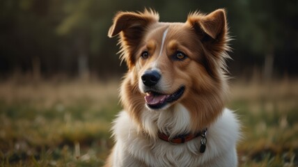 Happy dog sitting in field at sunset.