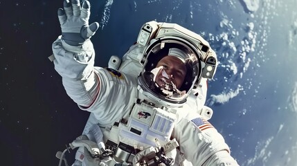 cosmonaut in outer space waves his right hand in greeting.