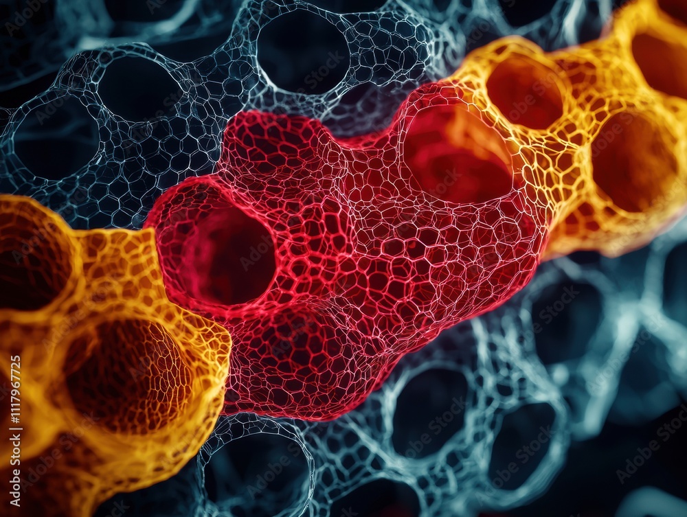 Fototapete A colorful, abstract representation of cellular structures, featuring interconnected hexagonal patterns in red, yellow, and blue hues.