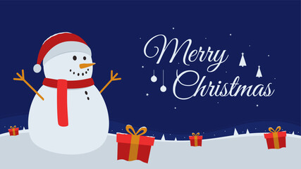 Christmas greeting template with snowman and gift boxes laying on the snow