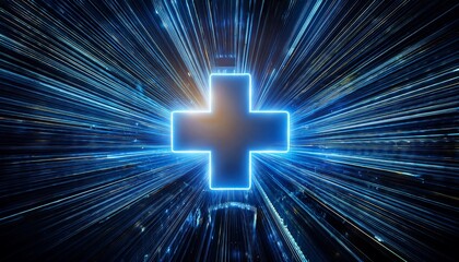 a glowing medical cross symbol, suggesting digital healthcare.