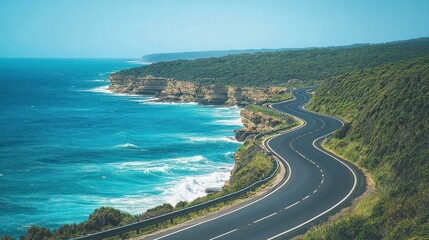 A winding asphalt road that runs along beautiful cliffs along a stunning coastline background wallpaper AI generated image