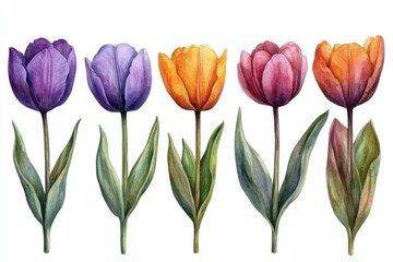 Obraz premium A watercolor illustration of colorful tulips with green leaves.