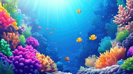 Fototapeta premium Vibrant Coral Reef Scene With Colorful Fish Swimming
