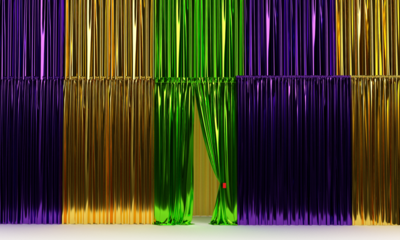 Curtain mardi gras golden yellow green purple violet orange color texture background wallpaper empty blank carnival 4 march 2025 party event festival velvet theatre entertainment holiday celebration 