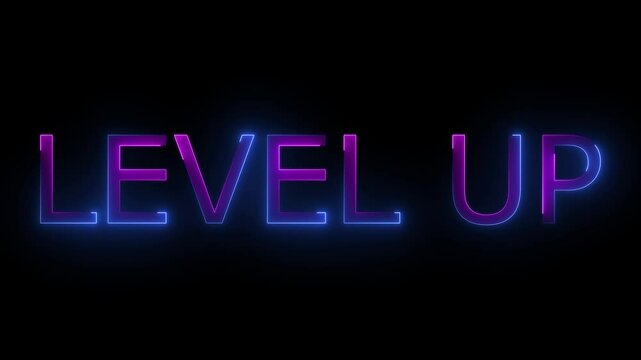 level up - neon text with neon lines animation on black background.