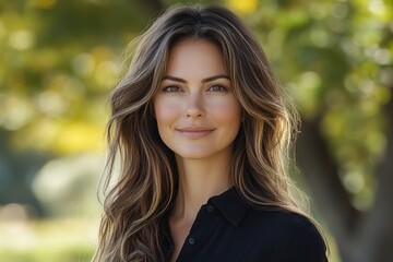 Naklejka premium Headshot of a woman, smiling and confident, with long brown hair, wearing a black button-up shirt in front of a park background.