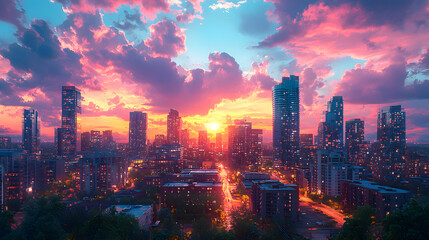 Obraz premium city, skyline, sunset, cityscape, night, building, sky, urban, skyscraper, view, architecture, buildings, downtown, new york, business, landscape, travel, dusk, new, clouds, hong kong, nyc, manhattan,