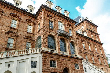 Facade of Castello del Valentino castle, a 17th-century French chateau in Parco del Valentino, today home to a university architecture faculty, Turin, Piedmont, Italy, Europe