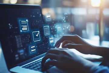 Person interacting with digital documents and touchscreen for remote work and communication