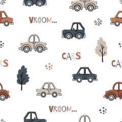 Seamless pattern with doodle cars for kids. Perfect for wrapping paper, baby bedding, textiles. Vector illustration © Mariana