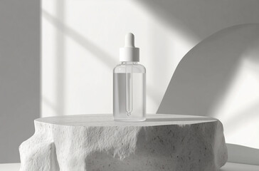 Render of spa bottle with perfume, essential oils or serum with a pipette stands on podium-natural stone on a white background, aesthetic style, concept for spa, massage or skincare. mock up