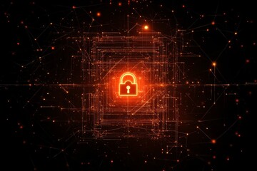 Glowing lock symbolizing cybersecurity surrounded by interconnected nodes for data protection