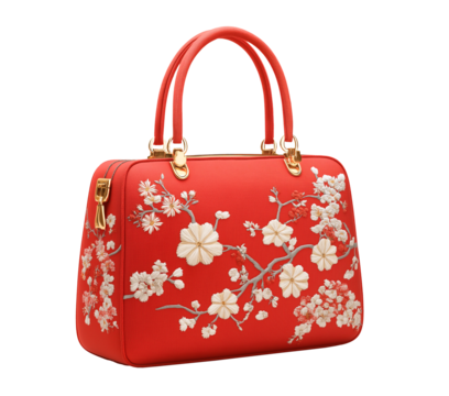 Chinese fashion red handbag, traditional embroidered with golden floral pattern, cutout png