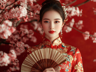 Chinese woman in traditional cheongsam qipao dress holding fan on isolated red background. 