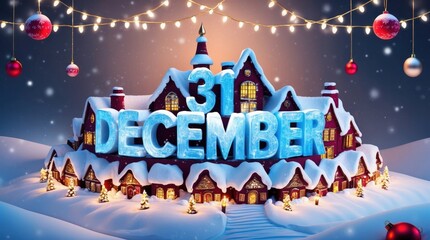 Celebrating 31 december magical winter wonderland in a snowy landscape festive holiday decorations and ice sculpture viewpoint