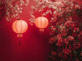Obraz premium Chinese traditional red lantern decor with blossom flower. Chinese New Year decoration. 