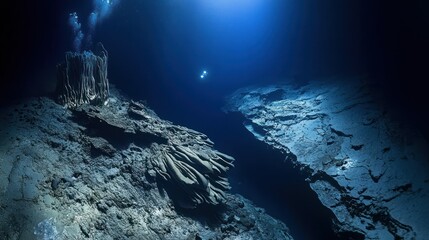 Seabed in the Mariana Trench. The image shows a wide, dark ravine with steep rock formations, background wallpaper AI generated image