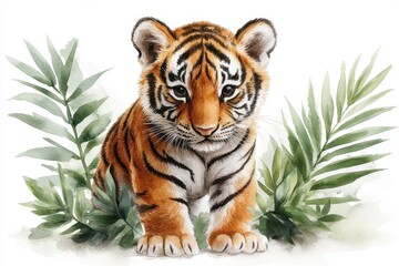 A cute tiger cub surrounded by green leaves, showcasing wildlife beauty and nature.