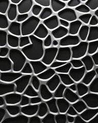 Silver, web-like structure on black background.