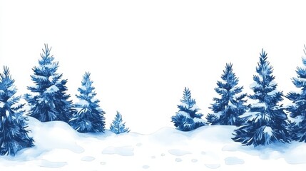 Fototapeta premium Watercolor illustration of a peaceful snowy coniferous forest landscape, showcasing snow-covered pine trees a serene winter panorama. A tranquil winter scene depicting nature’s beauty in cold months