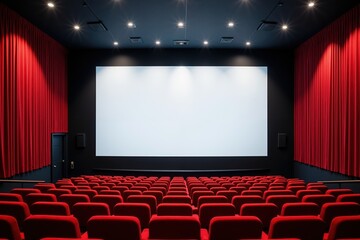 Empty movie theater with red seats and blank screen ready for film screening