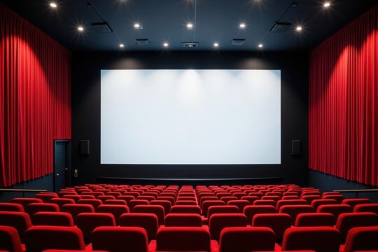 Empty movie theater with red seats and blank screen ready for film screening